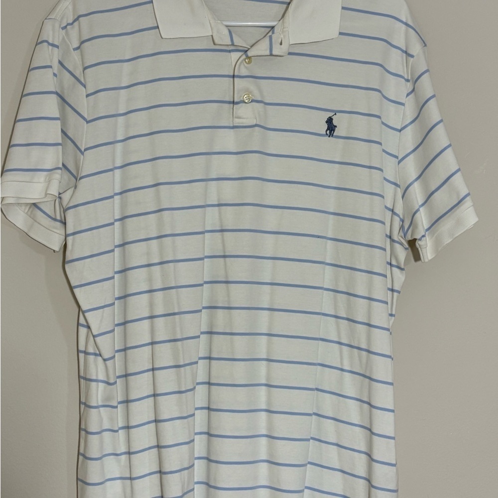 Polo Ralph Lauren Shirt Mens Size XL TG Striped White Blue Short Sleeve Slim Fit - Picture 4 of 7